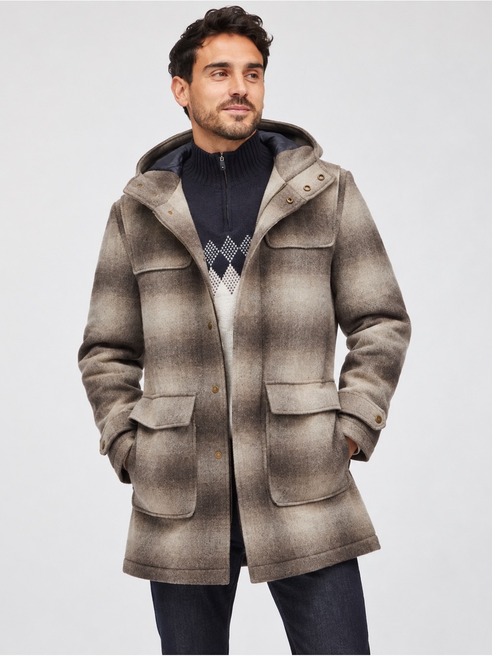 Bonobos Wool Alpaca Brown Cream Plaid Hooded Duffel Coat Jacket Preppy Small
